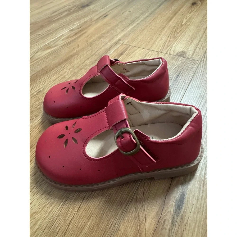 Abby & Evie Girls Red T-Strap Flower Cutout Shoes Hook Loop Size 11 EU 29
